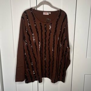 Quacker Factory NWT Brown Sequin Wave Top Shirt Women's Plus Size 2X